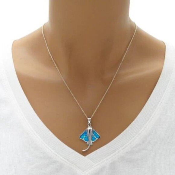 PLAYFUL STERLING SILVER STINGRAY PENDANT WITH CREATED BLUE OPAL INLAY - Picture 2 of 2